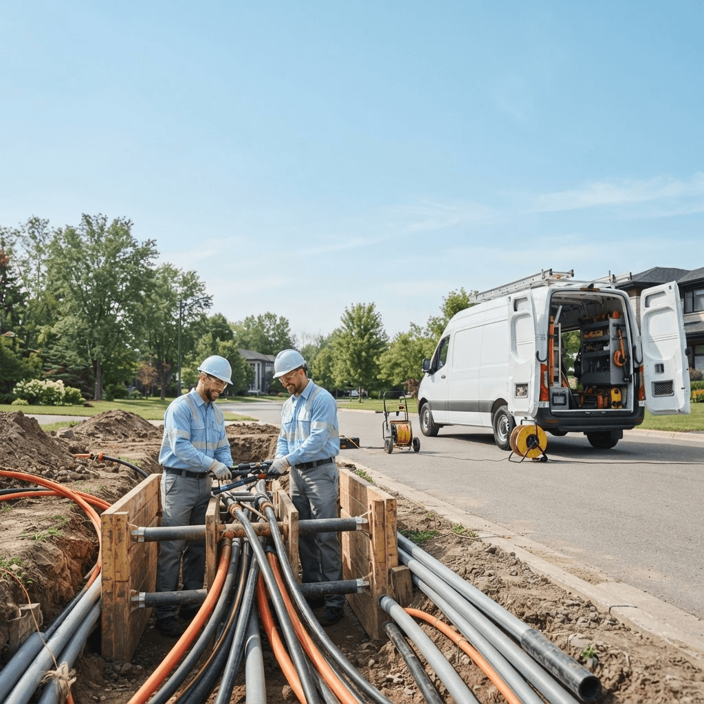 Bright underground cable worksite in daylight
