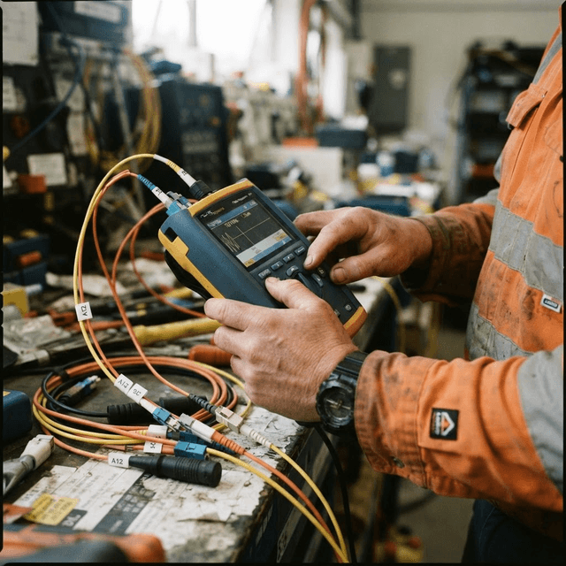 Technician operating a cable fault testing device