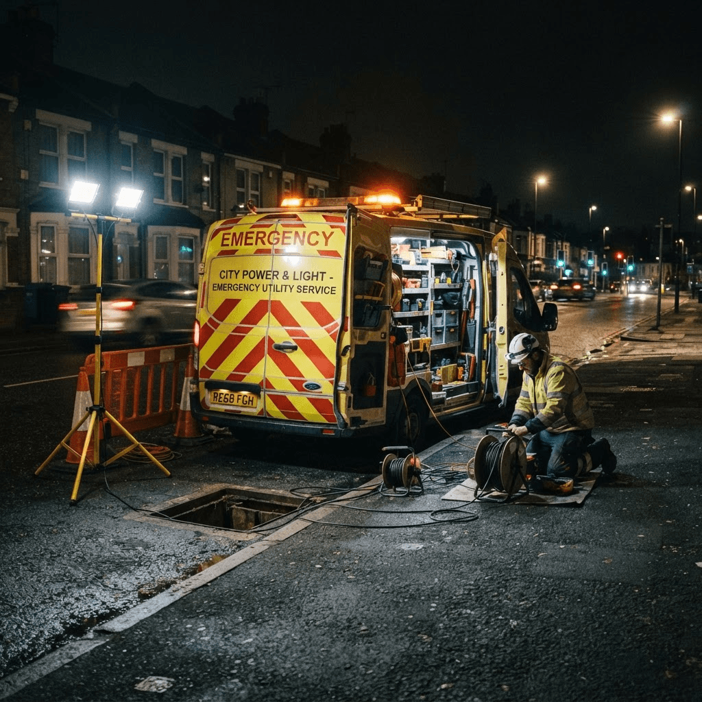 SRT Electricals service van at a night worksite